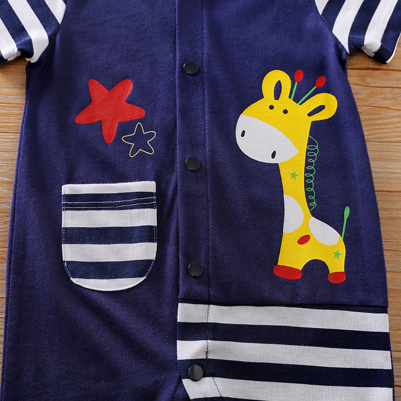 Navy Blue Giraffe Short Sleeved Pure Cotton Sports Style Baby Romper